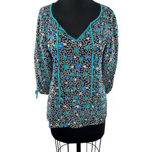 YUMI KIM Blue Black Floral Silk Tie V-Neck Pintuck 3/4 Sleeve Tie Cuff Blouse S